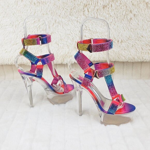 Bulls Rainbow Rhinestone Harness Strap Clear Platform Heels - Picture 1 of 17